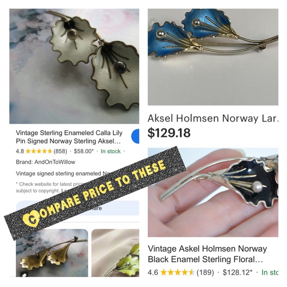 Aksel Holmsen Norway Blue-Green Enamel on Sterling Calla Lily Brooch Vintage - Picture 2 of 7